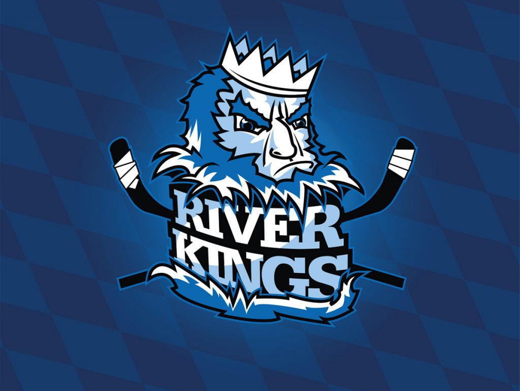 Logo des HC Landsberg mit zwei Hockeyschlägern, blauem König und Aufschrift Riverkings. Im Hintergrund ist ein Rautenmuster in Blautönen zu sehen.